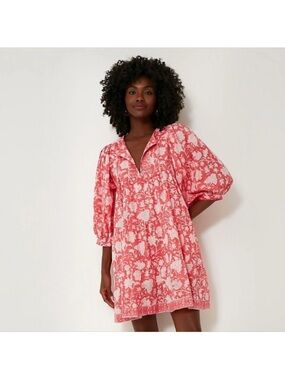 Marea Casita 100% Cotton Floral Balloon Sleeve Tiered Ruffle Mini Dress - Size L